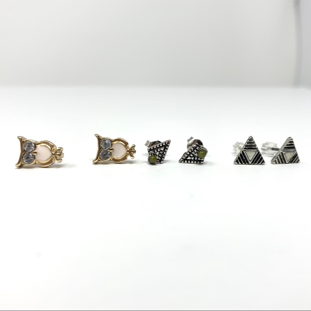 3 Pairs of Stud Earrings Owl / Triangle - Picture 2 of 6